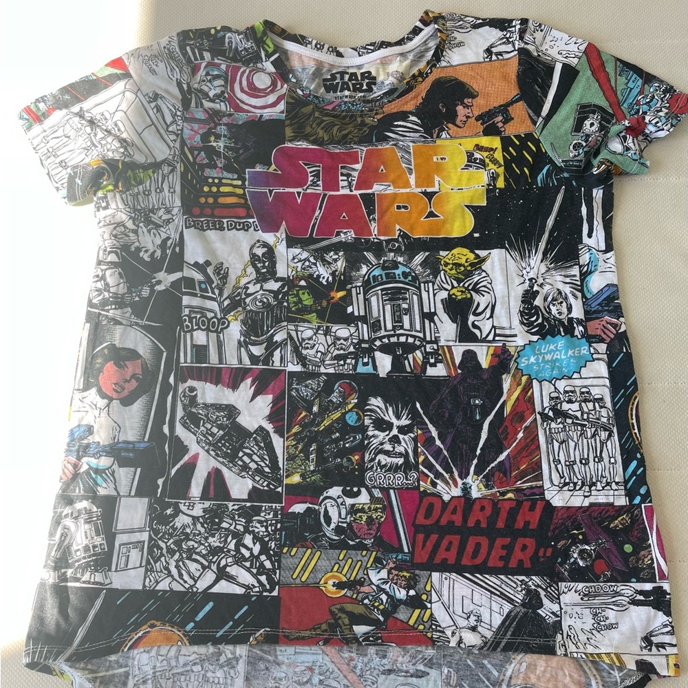 Women’s Star Wars cap Sleeve white shirt Hi Low Hem XL